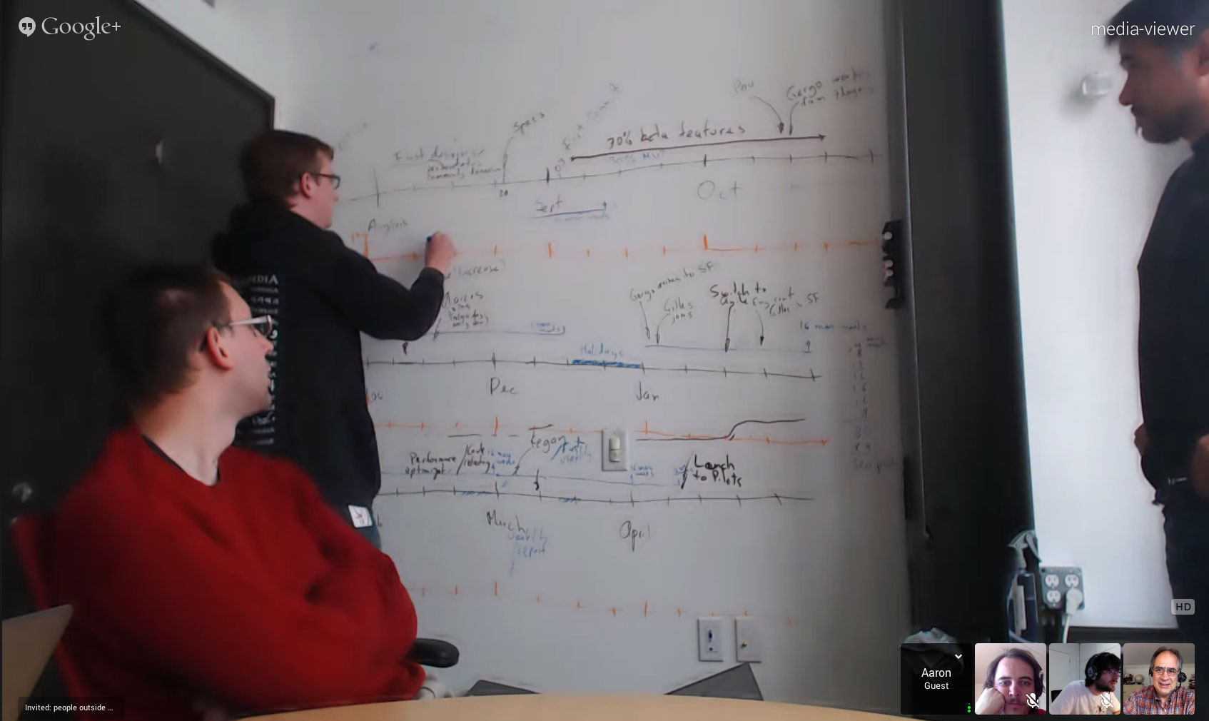 A team member draws a project timeline on a whiteboard while a colleague watches; three more people follow on a video call.